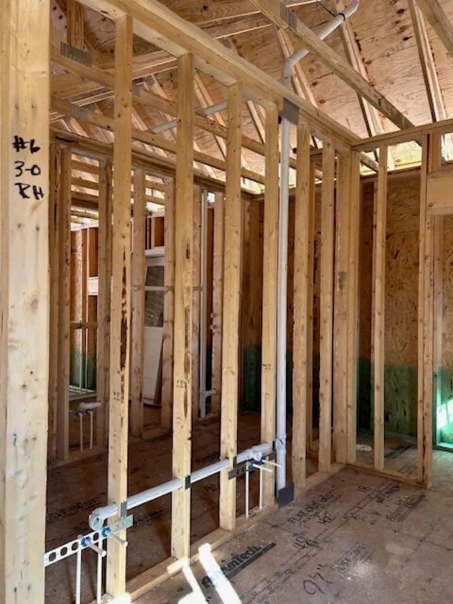 Plumbing rough-in during new construction framing by Legar & Son Plumbing in Salisbury, MD