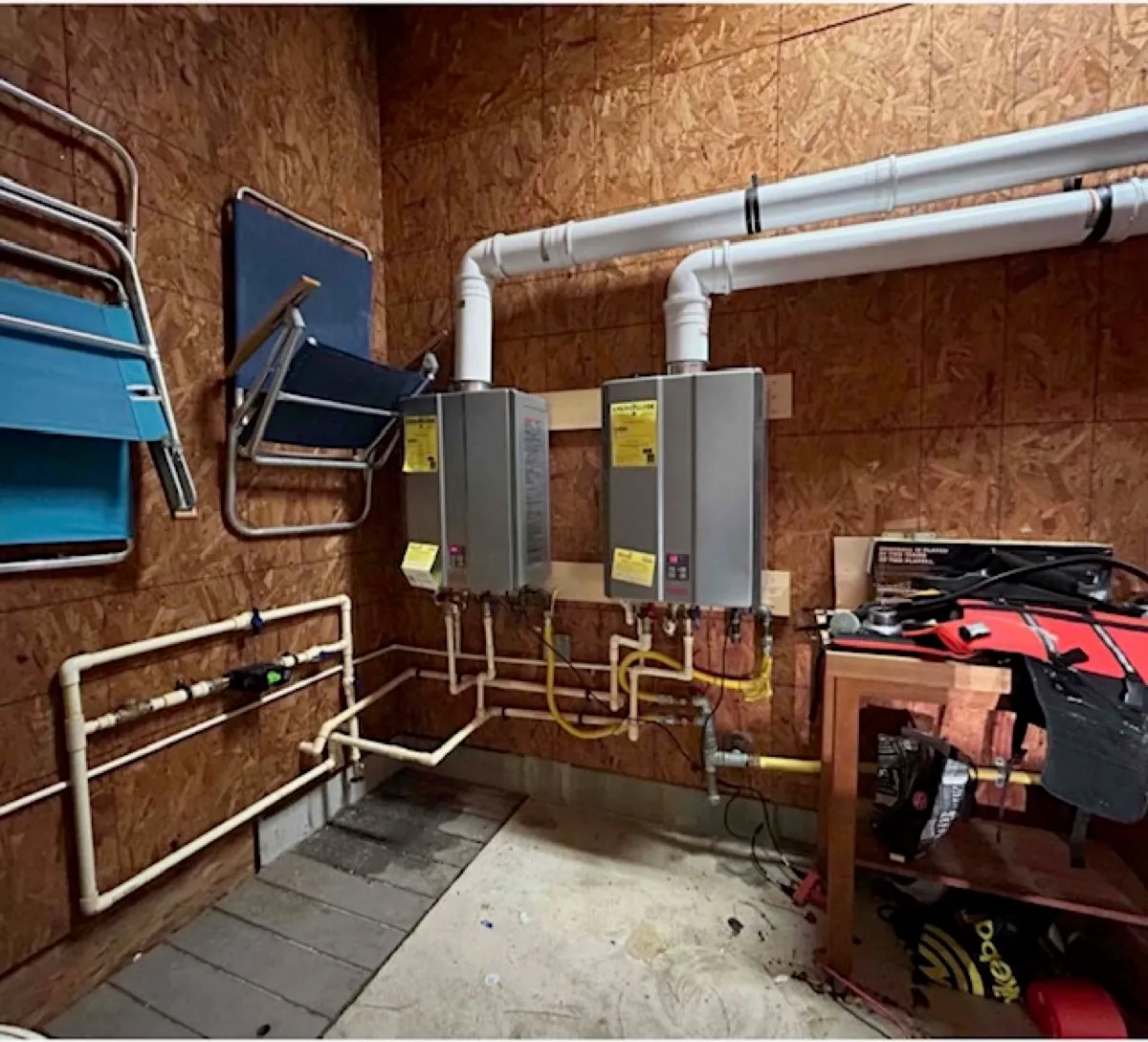 Two tankless water heaters installed side by side by Legar & Son Plumbing in Salisbury, MD
