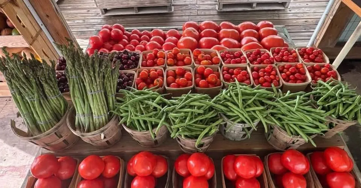 Fresh tomatoes, asparagus, cherries, and green beans on display at Oakley's Farm Market in Hebron, MD