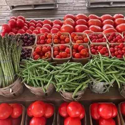 Fresh tomatoes, asparagus, cherries, and green beans on display at Oakley's Farm Market in Hebron, MD