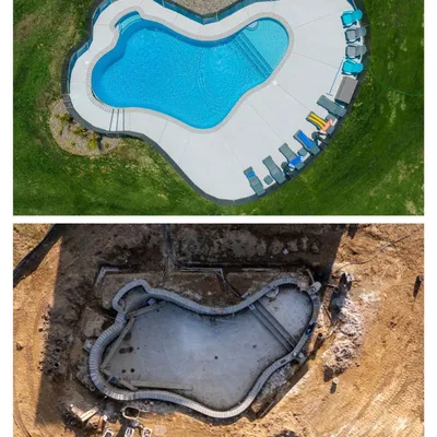 Before and after aerial view of a pool shell excavation and the finished freeform pool installed by Patriot Pools near Centreville, MD