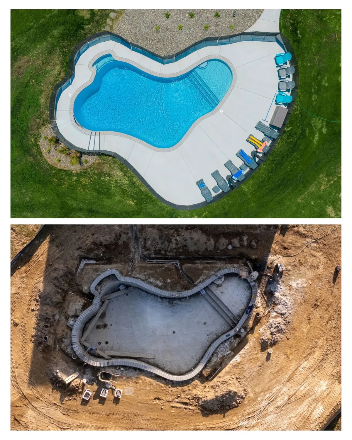 Before and after aerial view of a pool shell excavation and the finished freeform pool installed by Patriot Pools near Centreville, MD