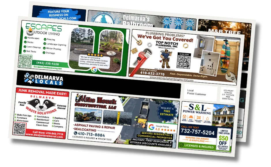 A stack of Delmarva Locals community postcards showing real local business ads, including Escapes Outdoor Living, Top Notch Plumbing, M&B Tree, Delmarva Waste Solutions, Mike Houck Construction, and S&L Power Washing